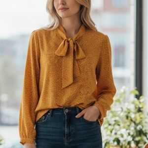 Acevog Women's Yellow White Polka Dots Tie Neck Blouse Plus Size XXXL